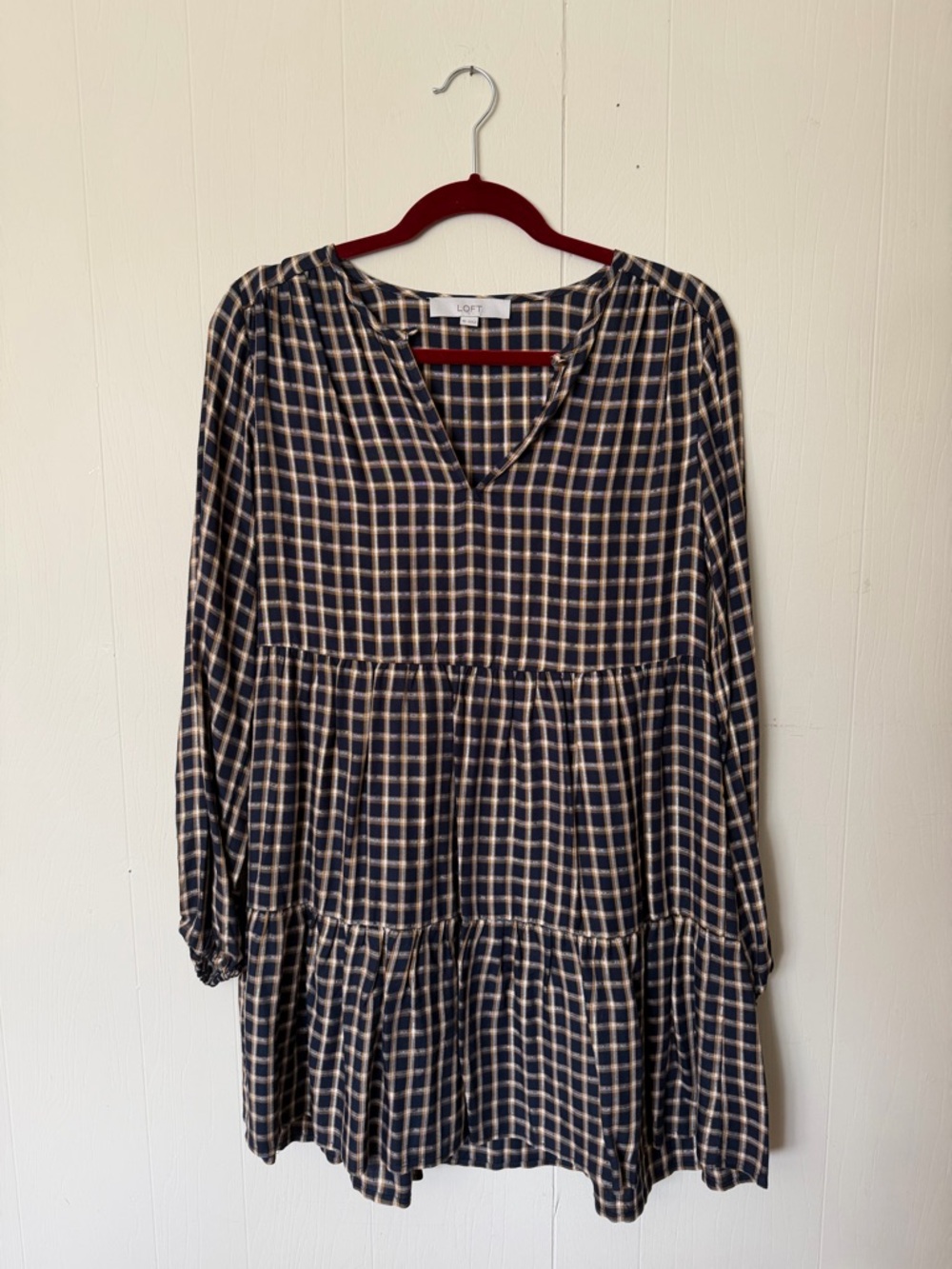 LOFT Navy and Cream Plaid Long-Sleeve Tiered Dress